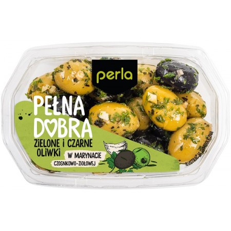 Оливки зеленые и черные PERLA в маринаде с травами, 90 г