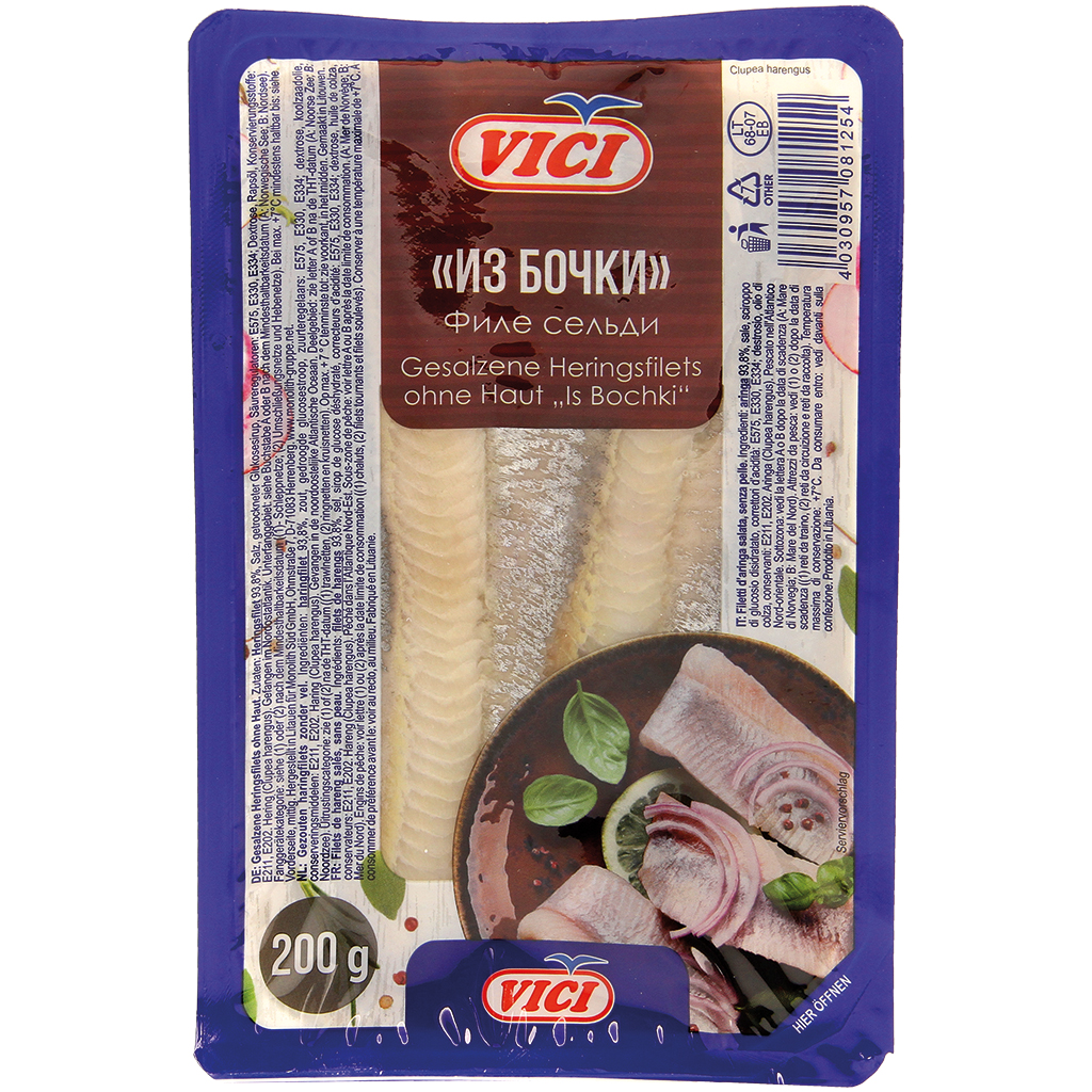 Vici Gesalzene Heringsfilets ohne Haut "Is Bochki", 200G