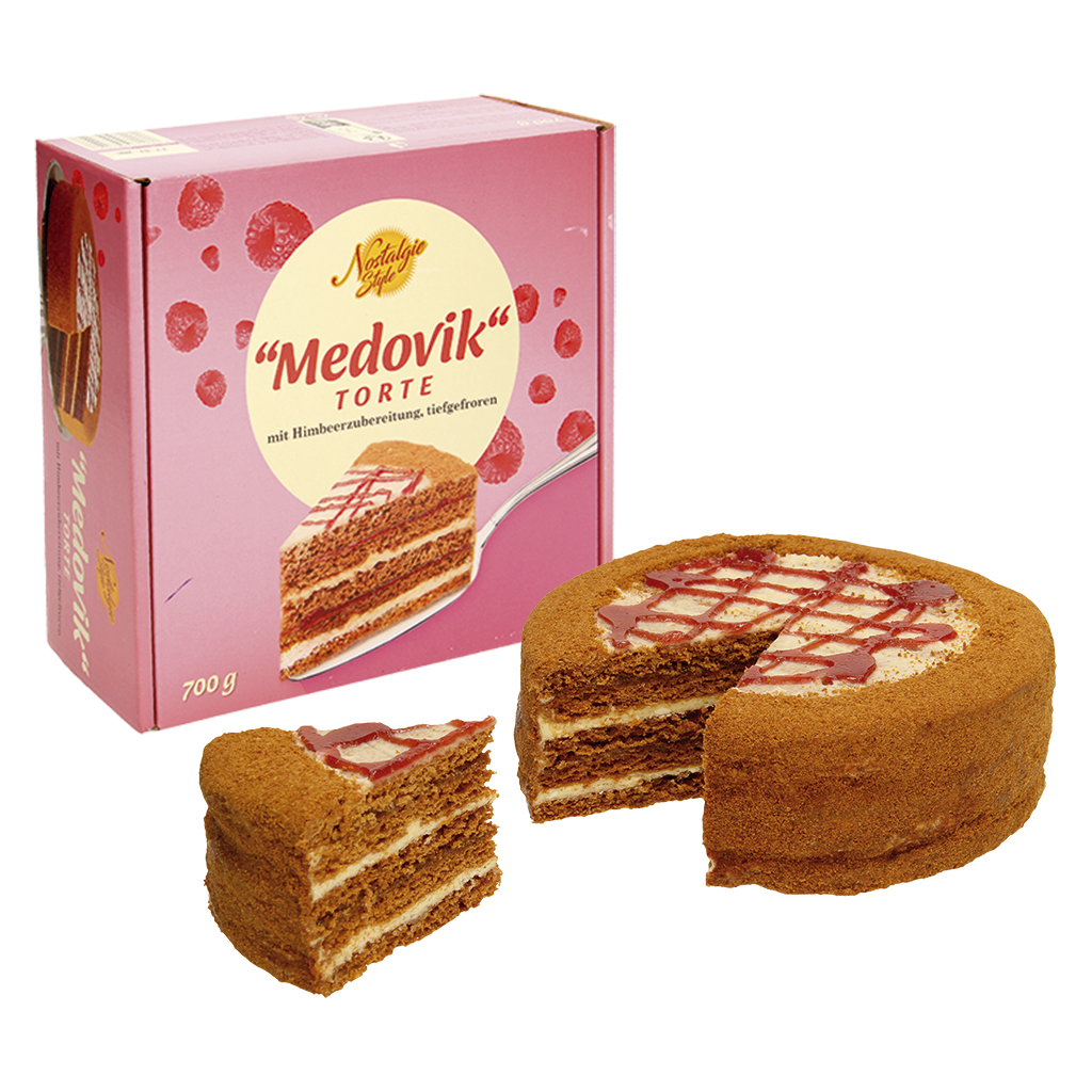 Ciasto Medovik z miodem 4,5% i malinami 18,5%, 700g